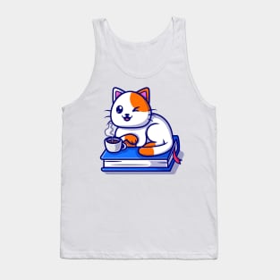 Cute Cat Sitting On Book Cartoon Tank Top